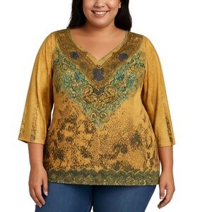 Catherines‎ Yellow Floral Beaded Sequins 3/4 Sleeve Top Size 4X